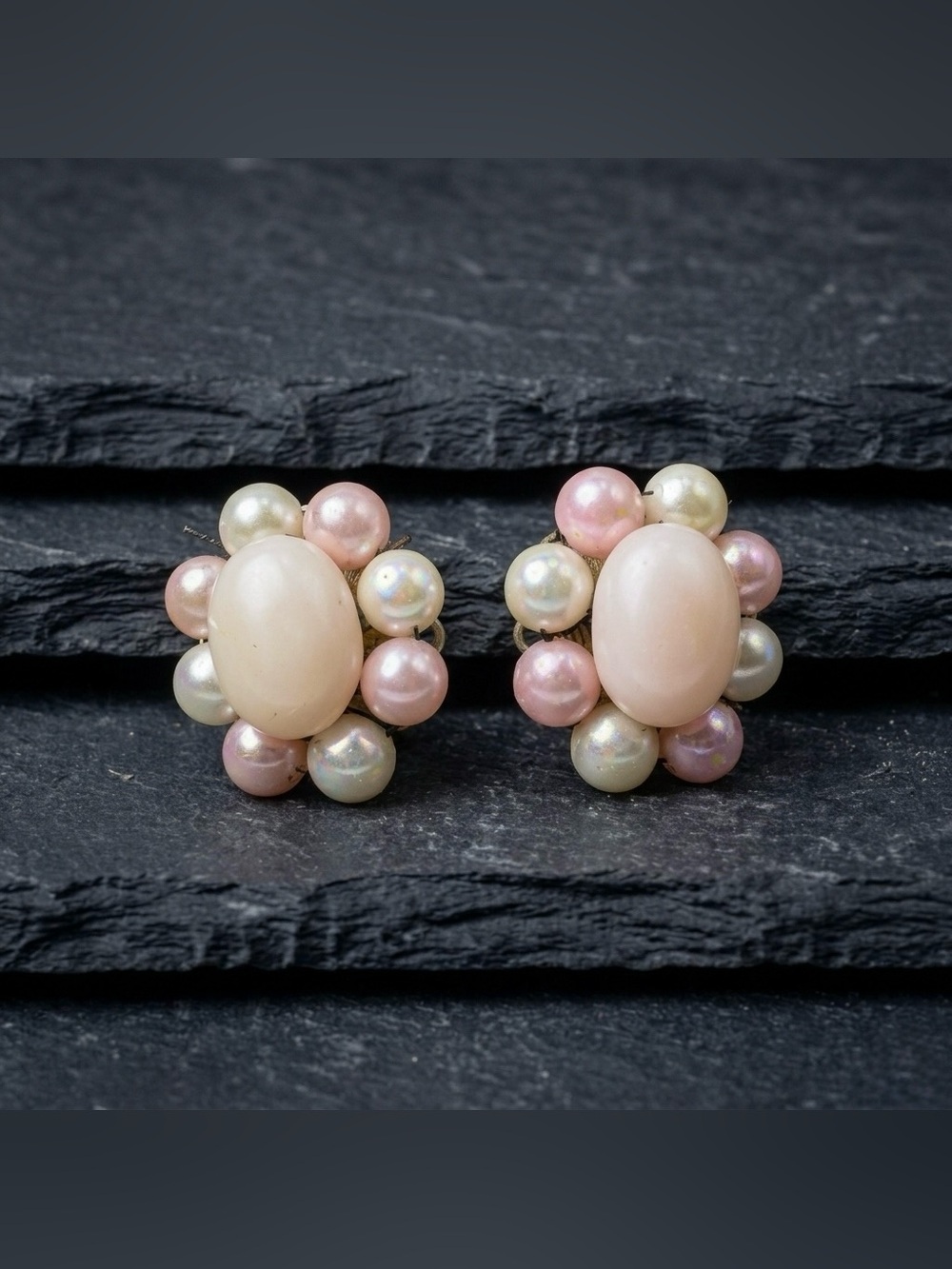 Vintage 50s Japan Pink White Iridescent Beaded Cluster Floral Clip On Earrings